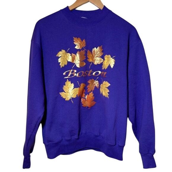 Vintage 90s Hanes Boston Massachusetts Crewneck Sweatshirt Purple Leaves Large - Picture 1 of 4